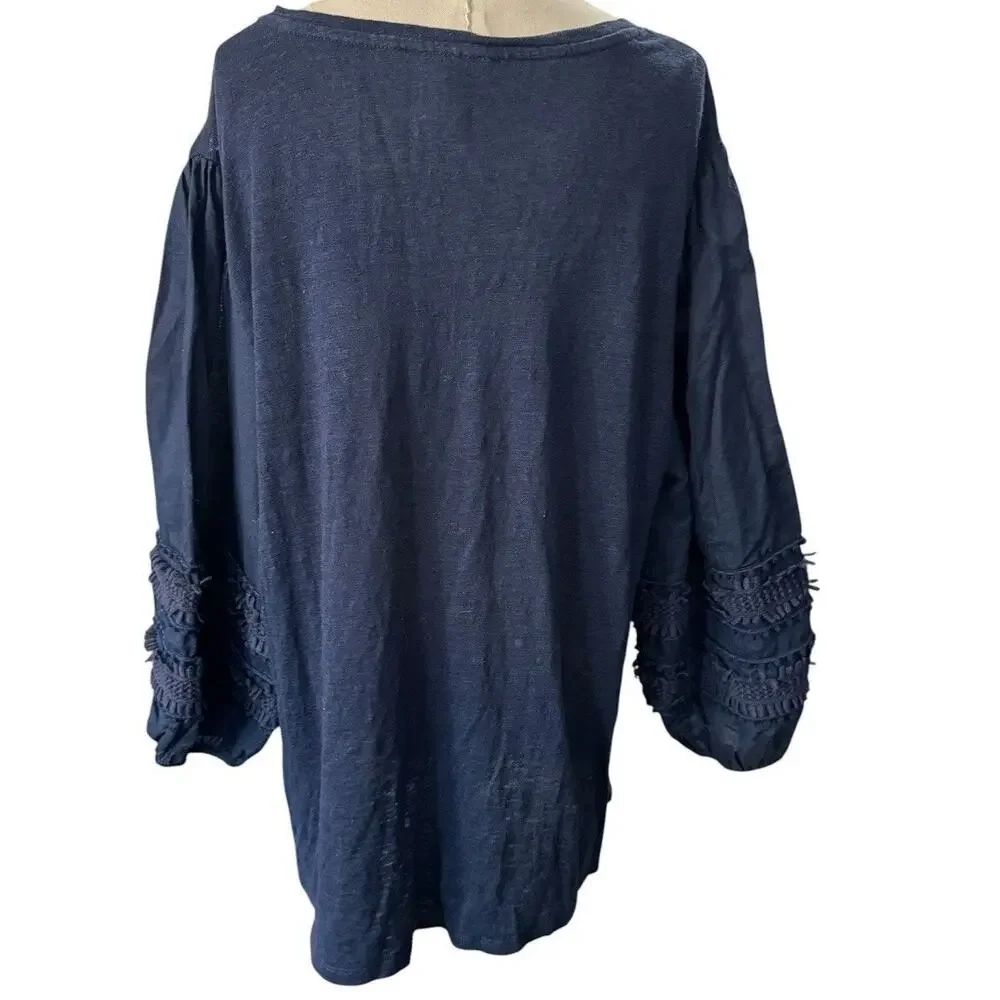 Chicos Navy Blue Linen Shirt Tunic Slub Knit Pom 3/4 Sleeve Size 3 XL